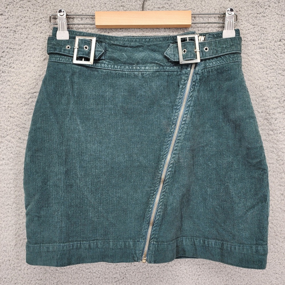 Urban Outfitters Teal Corduroy Asymmetrical Zip Buckle Mini Skirt Womens Medium‎